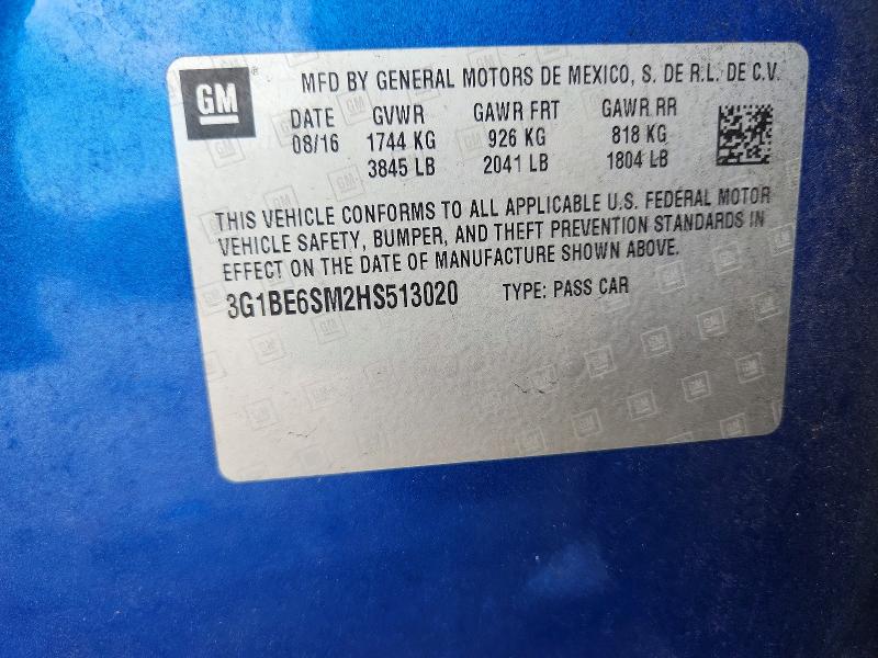 67869346 :رقم المزاد ، 3G1BE6SM2HS513020 vin ، 2017 Chevrolet Cruze مزاد بيع