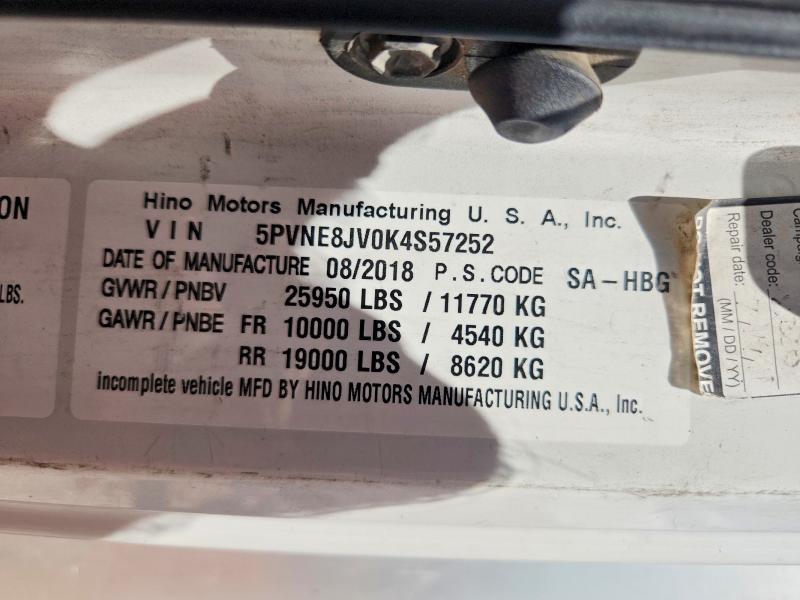 67939136 :رقم المزاد ، 5PVNE8JV0K4S57252 vin ، 2019 Hino Hino 268 مزاد بيع
