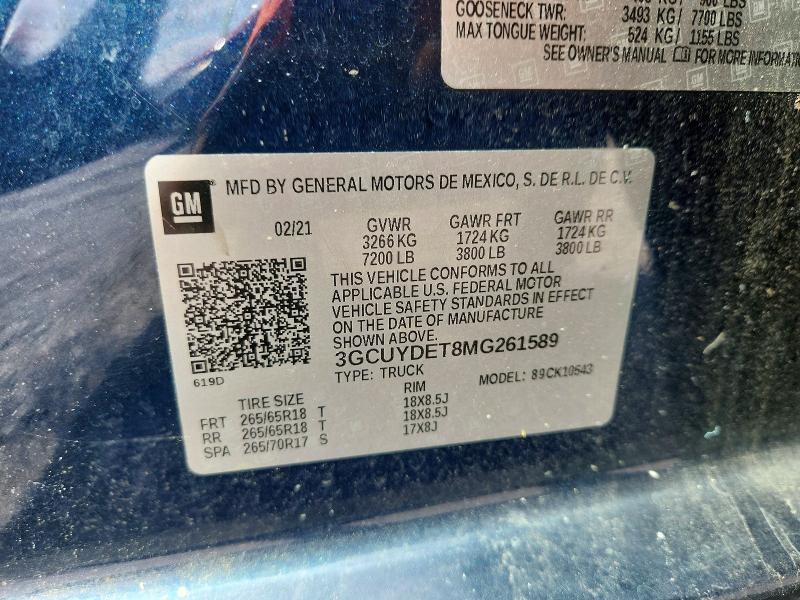 2021 Chevrolet Silverado მანქანა იყიდება აუქციონზე, vin: 3GCUYDET8MG261589, აუქციონის ნომერი: 69494936
