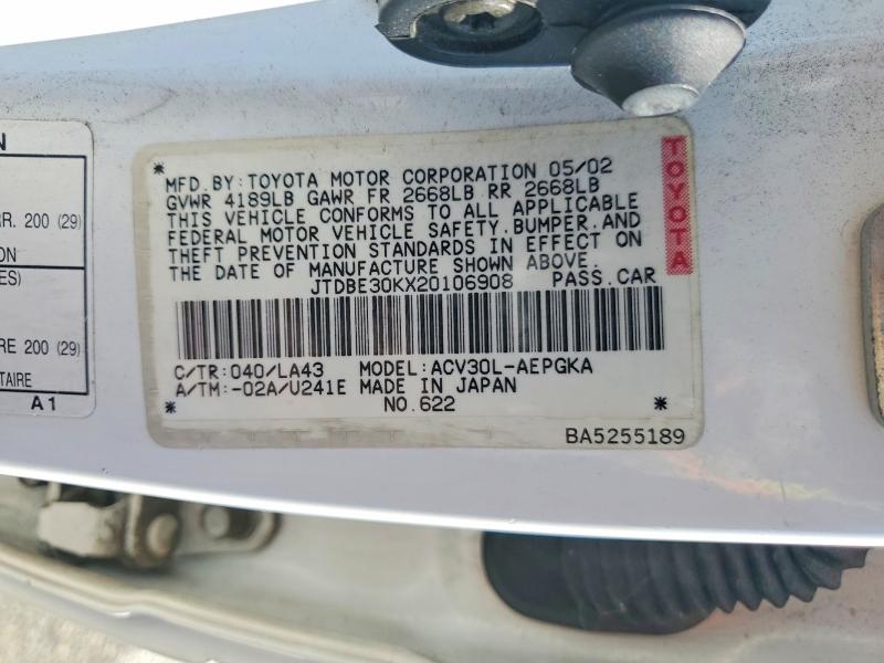 70557626 :رقم المزاد ، JTDBE30KX20106908 vin ، 2002 Toyota Camry مزاد بيع