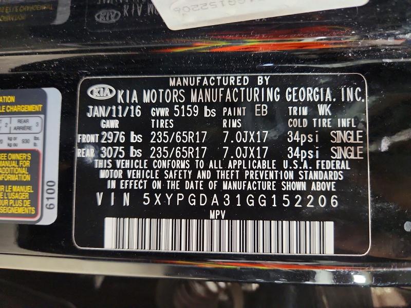 70815456 :رقم المزاد ، 5XYPGDA31GG152206 vin ، 2016 Kia Sorento مزاد بيع