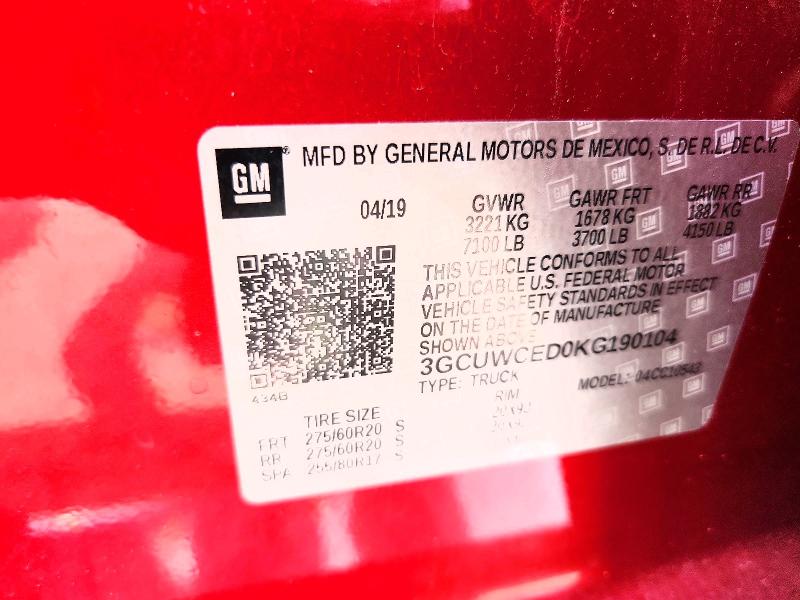 2019 Chevrolet Silverado მანქანა იყიდება აუქციონზე, vin: 3GCUWCED0KG190104, აუქციონის ნომერი: 67832346