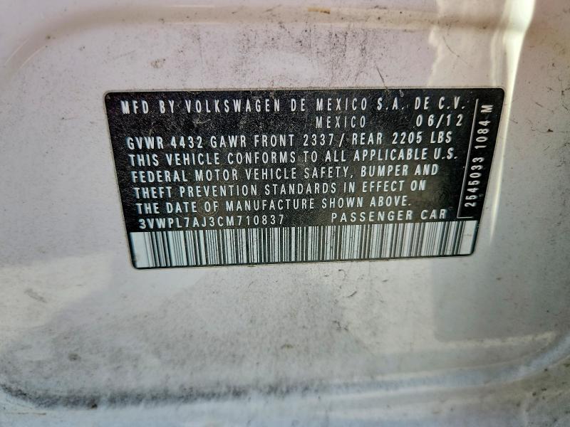 69644976 :رقم المزاد ، 3VWPL7AJ3CM710837 vin ، 2012 Volkswagen Jetta مزاد بيع