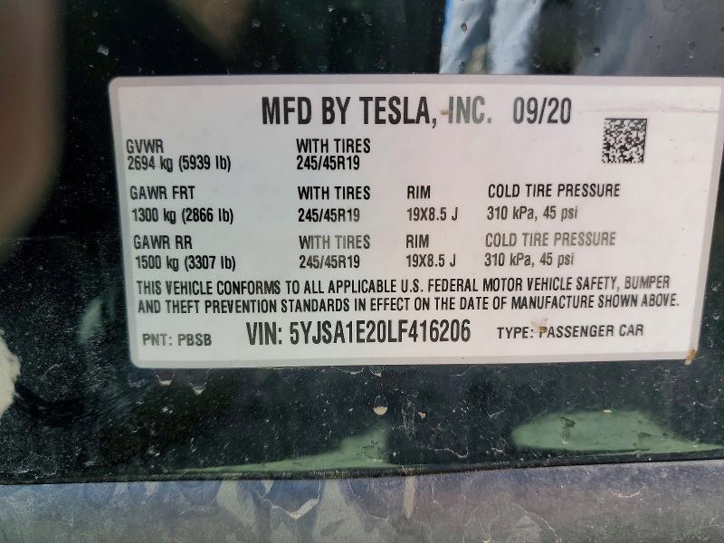Продаж на аукціоні авто 2020 Tesla Model S, vin: 5YJSA1E20LF416206, номер лоту: 68215986