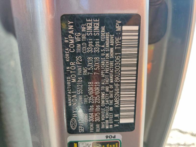68998736 :رقم المزاد ، KM8SN4HF8KU303061 vin ، 2019 Hyundai Santa Fe Xl مزاد بيع