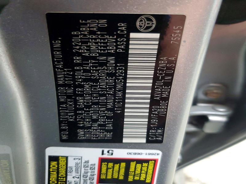 Aukcja sprzedaży 2021 Toyota Camry, vin: 4T1C11AK1MU542931, numer aukcji: 69305596