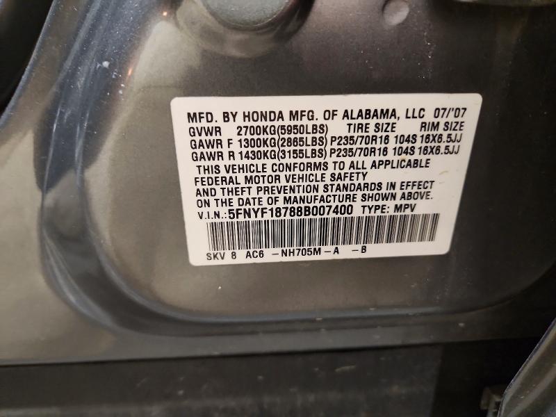 67492796 :رقم المزاد ، 5FNYF18788B007400 vin ، 2008 Honda Pilot مزاد بيع