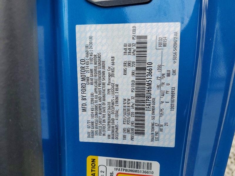 Продаж на аукціоні авто 2021 Ford Mustang, vin: 1FATP8UH6M5136610, номер лоту: 69555306