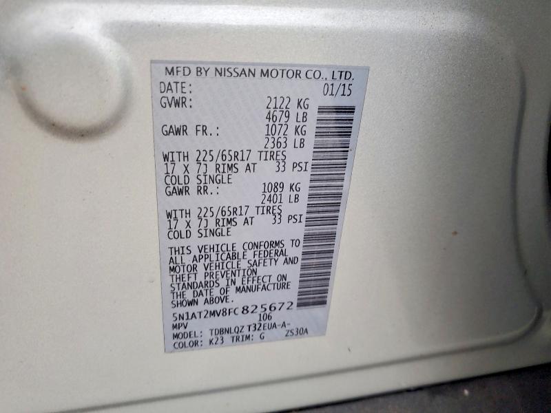 2015 Nissan Rogue მანქანა იყიდება აუქციონზე, vin: 5N1AT2MV8FC825672, აუქციონის ნომერი: 66140376