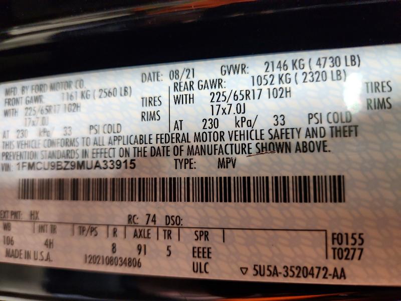 Продажа на аукционе авто 2021 Ford Escape, vin: 1FMCU9BZ9MUA33915, номер лота: 68866086