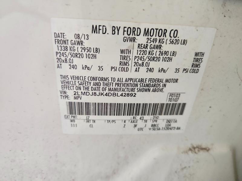 68418786 :رقم المزاد ، 2LMDJ8JK4DBL42892 vin ، 2013 Lincoln Mkx مزاد بيع
