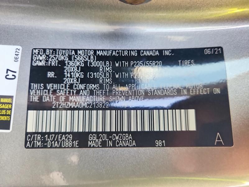 2021 Lexus Rx მანქანა იყიდება აუქციონზე, vin: 2T2HZMAA0MC213822, აუქციონის ნომერი: 69129246