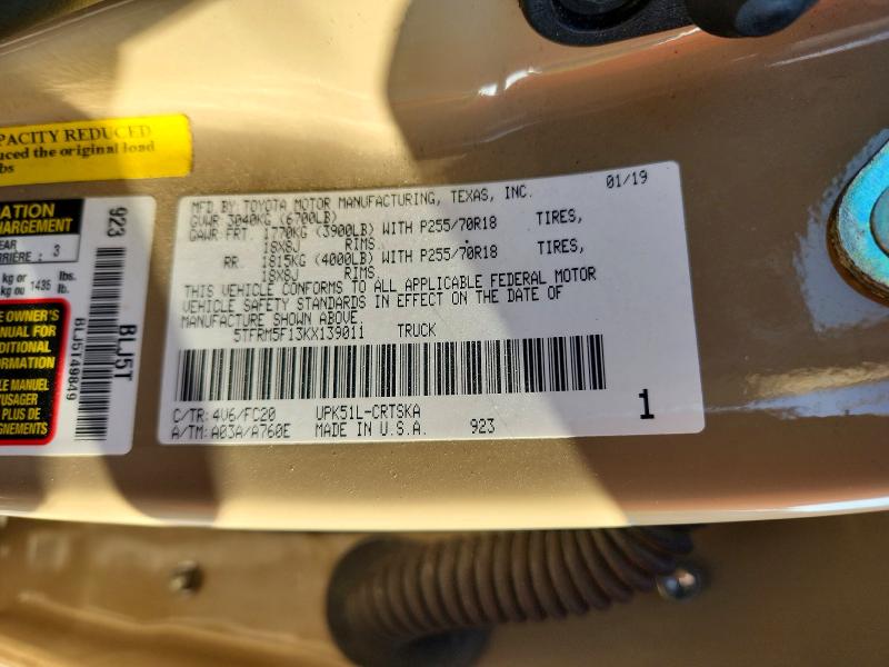 2019 Toyota Tundra მანქანა იყიდება აუქციონზე, vin: 5TFRM5F13KX139011, აუქციონის ნომერი: 68677736