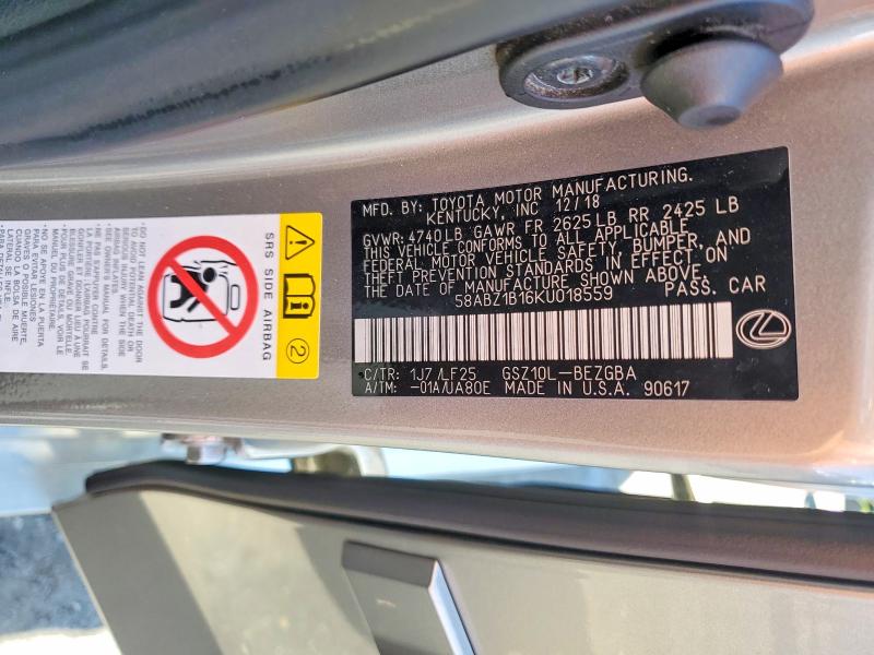Aukcja sprzedaży 2019 Lexus Es, vin: 58ABZ1B16KU018559, numer aukcji: 67487156