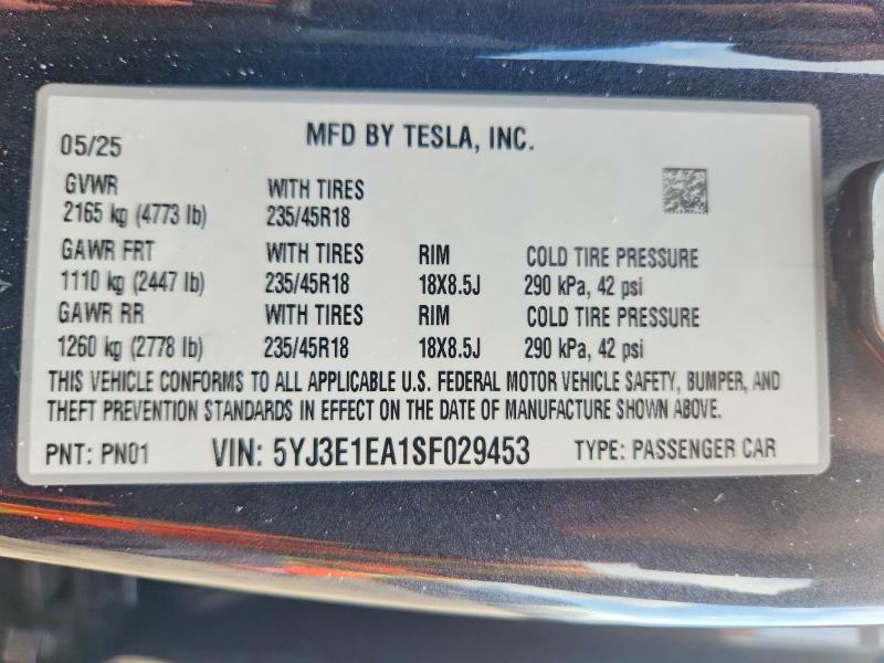 Продажа на аукционе авто 2025 Tesla Model 3, vin: 5YJ3E1EA1SF029453, номер лота: 66381706