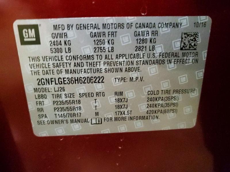 68836226 :رقم المزاد ، 2GNFLGE36H6206222 vin ، 2017 Chevrolet Equinox مزاد بيع