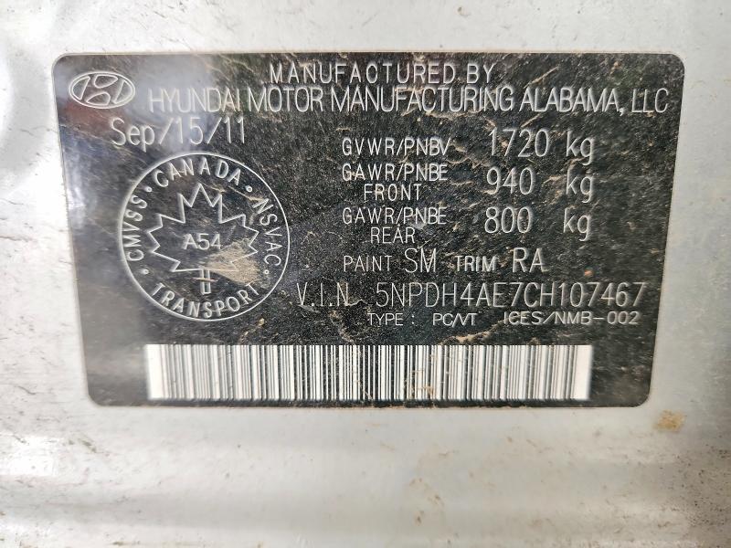 69741596 :رقم المزاد ، 5NPDH4AE7CH107467 vin ، 2012 Hyundai Elantra مزاد بيع