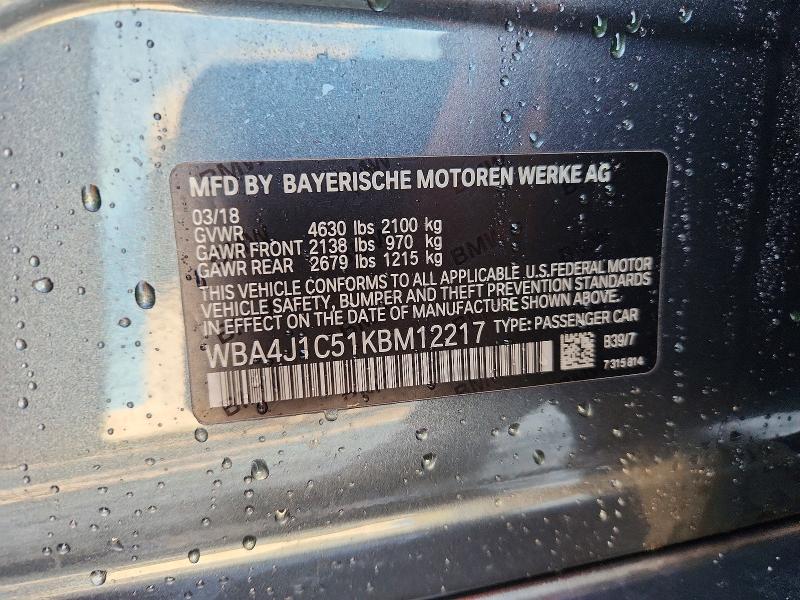 69182276 :رقم المزاد ، WBA4J1C51KBM12217 vin ، 2019 Bmw 430i مزاد بيع