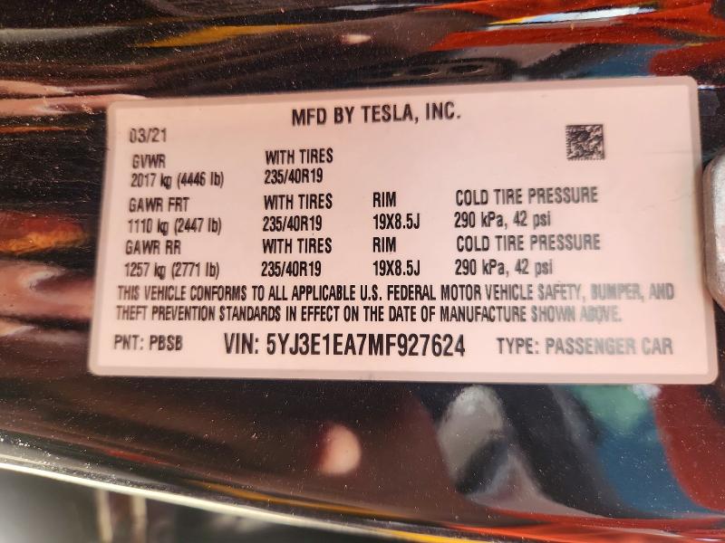 2021 Tesla Model 3 მანქანა იყიდება აუქციონზე, vin: 5YJ3E1EA7MF927624, აუქციონის ნომერი: 69358526