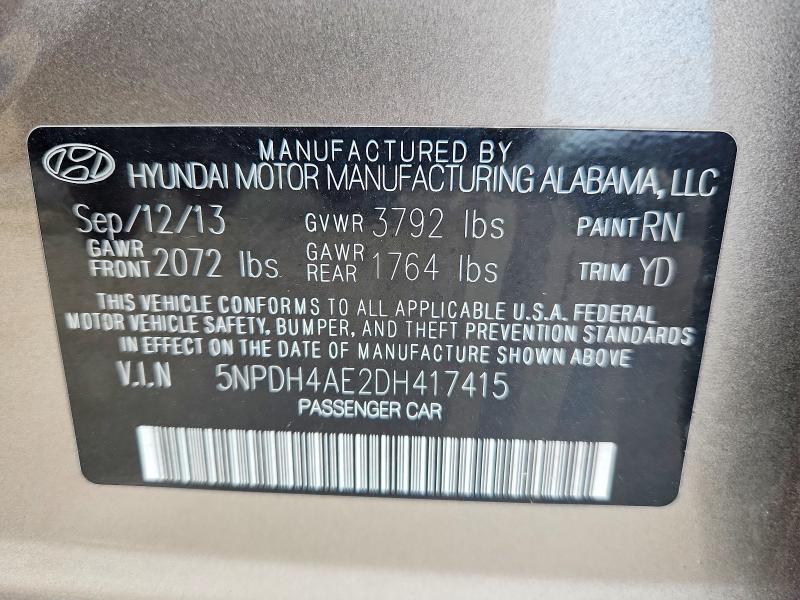 2013 Hyundai Elantra მანქანა იყიდება აუქციონზე, vin: 5NPDH4AE2DH417415, აუქციონის ნომერი: 68443786