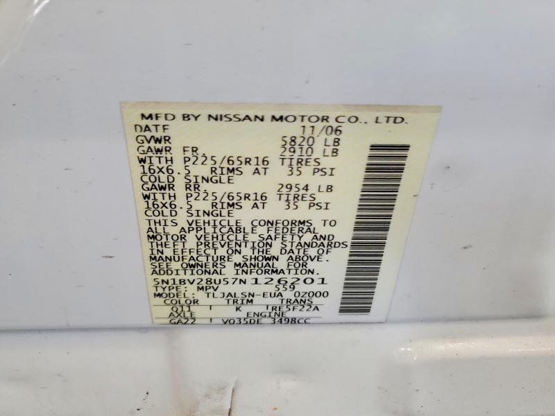 Auction sale of the 2007 Nissan Quest, vin: 5N1BV28U57N126201, lot number: 68005616