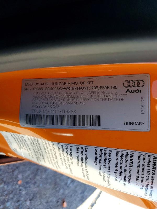 68510176 :رقم المزاد ، TRUK1AFK4C1019868 vin ، 2012 Audi Tts مزاد بيع