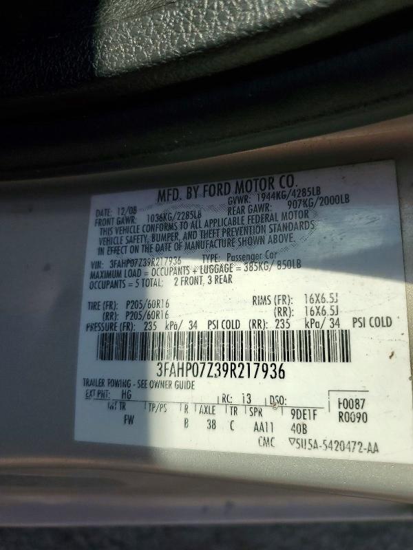 67694566 :رقم المزاد ، 3FAHP07Z39R217936 vin ، 2009 Ford Fusion مزاد بيع