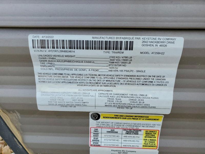 Продаж на аукціоні авто 2022 Keystone Trailer, vin: 4YDTATL29N8924614, номер лоту: 68775436