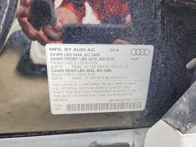 2019 Audi Q5 მანქანა იყიდება აუქციონზე, vin: WA1BNAFY9K2103111, აუქციონის ნომერი: 69397756