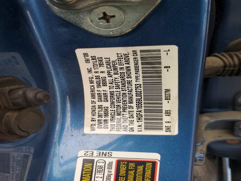2009 Honda Civic მანქანა იყიდება აუქციონზე, vin: 1HGFA16569L002753, აუქციონის ნომერი: 69501616