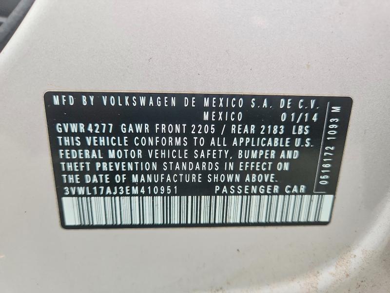 Auction sale of the 2014 Volkswagen Jetta, vin: 3VWL17AJ3EM410951, lot number: 68784726