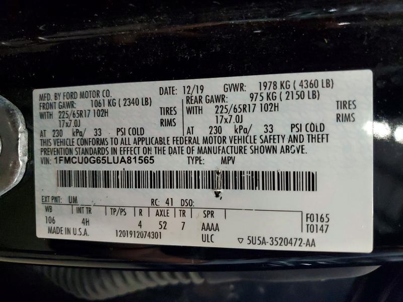 2020 Ford Escape მანქანა იყიდება აუქციონზე, vin: 1FMCU0G65LUA81565, აუქციონის ნომერი: 69357306