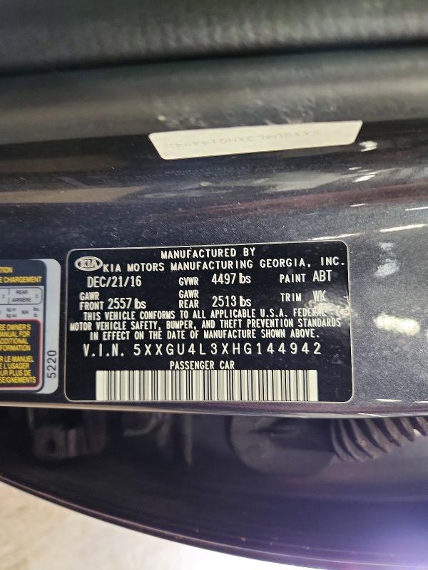 Auction sale of the 2017 Kia Optima, vin: 5XXGU4L3XHG144942, lot number: 67659676