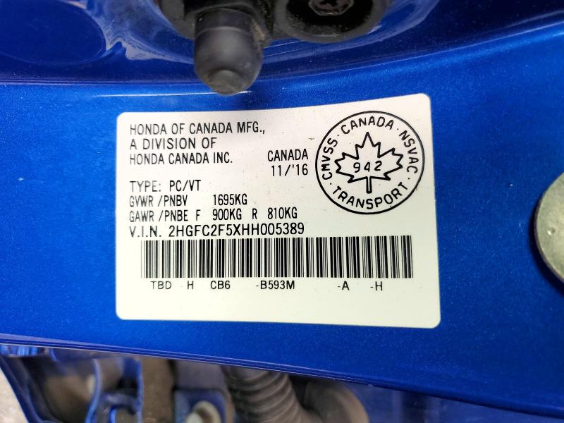 Продаж на аукціоні авто 2017 Honda Civic, vin: 2HGFC2F5XHH005389, номер лоту: 68560176