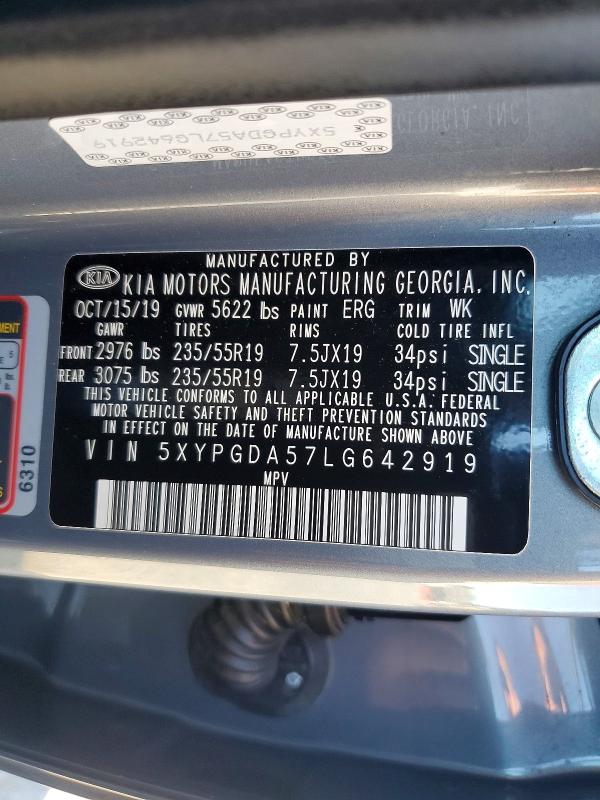 2020 Kia Sorento მანქანა იყიდება აუქციონზე, vin: 5XYPGDA57LG642919, აუქციონის ნომერი: 69257186