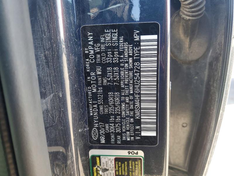 2017 Hyundai Santa Fe მანქანა იყიდება აუქციონზე, vin: KM8SM4HF6HU254728, აუქციონის ნომერი: 68994246
