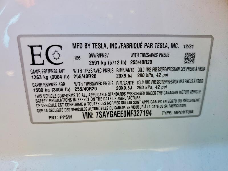 Продажа на аукционе авто 2022 Tesla Model Y, vin: 7SAYGAEE0NF327194, номер лота: 69965016