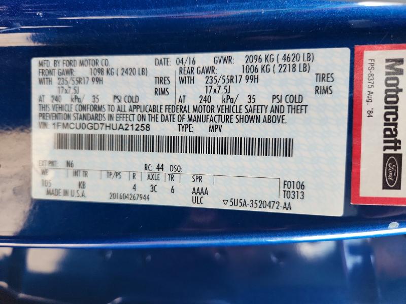 Продаж на аукціоні авто 2017 Ford Escape, vin: 1FMCU0GD7HUA21258, номер лоту: 67841196