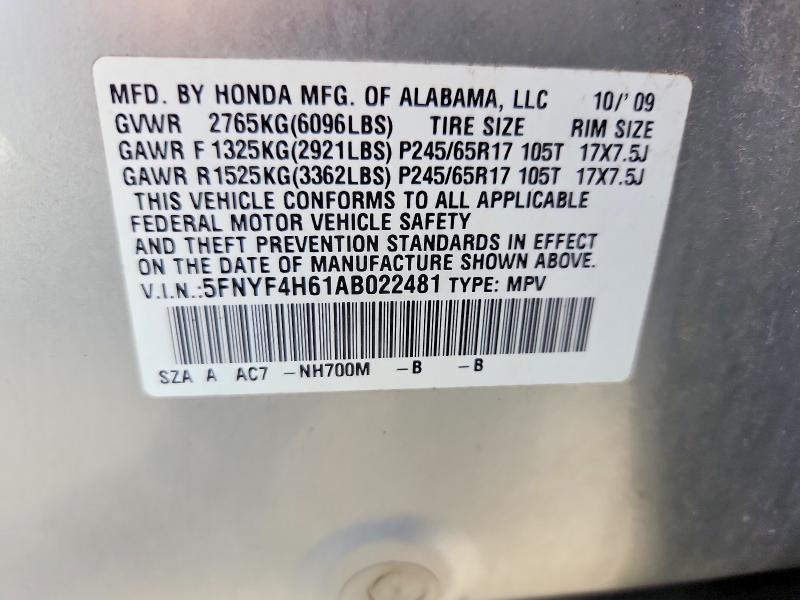 2010 Honda Pilot მანქანა იყიდება აუქციონზე, vin: 5FNYF4H61AB022481, აუქციონის ნომერი: 68806616
