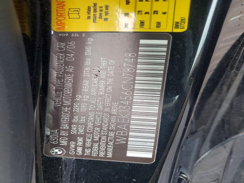 70193706 :رقم المزاد ، WBAEK13456CN78748 vin ، 2006 Bmw 650 مزاد بيع