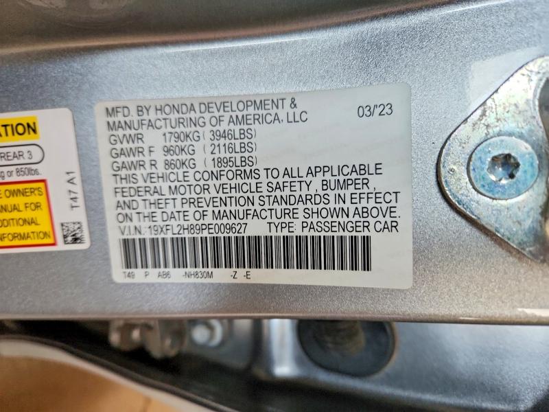 2023 Honda Civic მანქანა იყიდება აუქციონზე, vin: 19XFL2H89PE009627        , აუქციონის ნომერი: 68853836