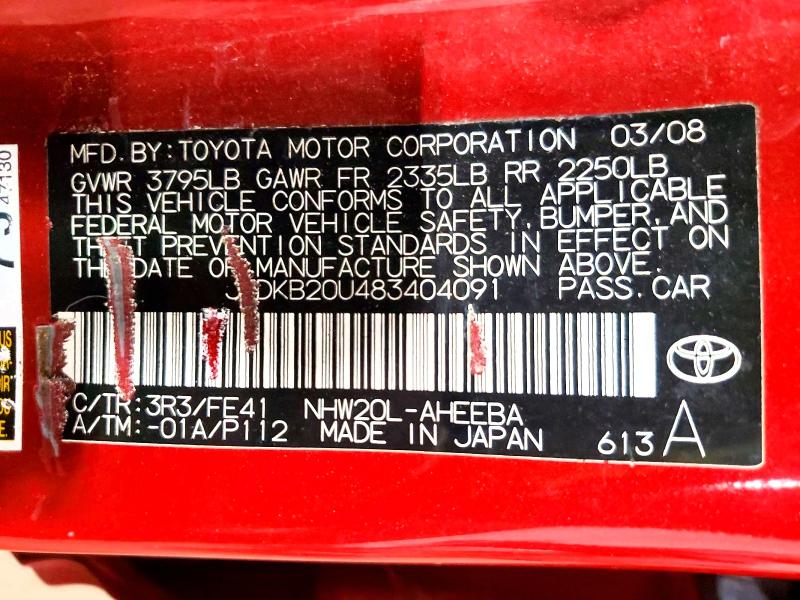 Продажа на аукционе авто 2008 Toyota Prius, vin: JTDKB20U483404091, номер лота: 70770946