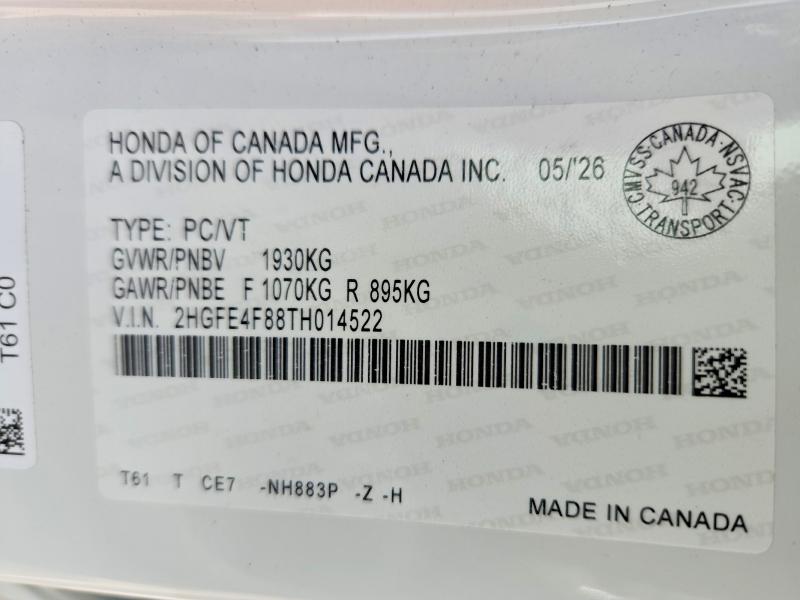 Продажа на аукционе авто 2026 Honda Civic, vin: 2HGFE4F88TH014522, номер лота: 68413916
