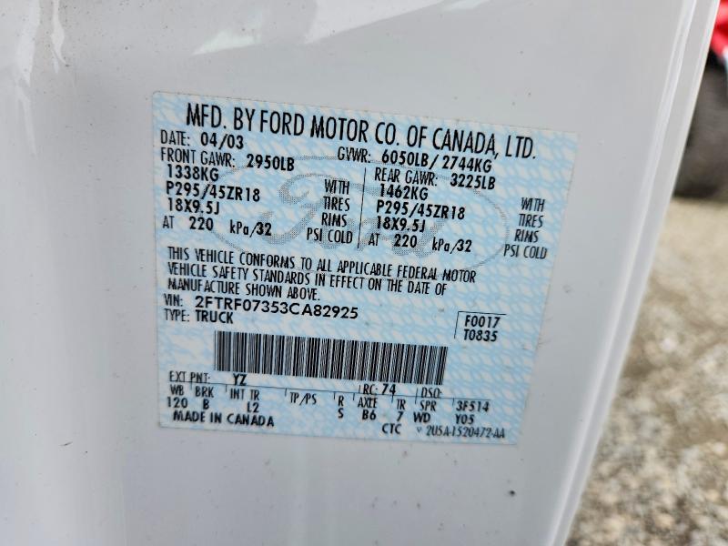 70004316 :رقم المزاد ، 2FTRF07353CA82925 vin ، 2003 Ford F150 مزاد بيع