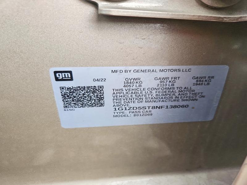 68738416 :رقم المزاد ، 1G1ZD5ST8NF138060 vin ، 2022 Chevrolet Malibu مزاد بيع