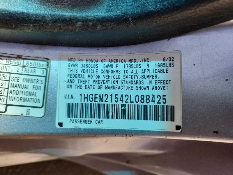 2002 Honda Civic მანქანა იყიდება აუქციონზე, vin: 1HGEM21542L088425, აუქციონის ნომერი: 70731786