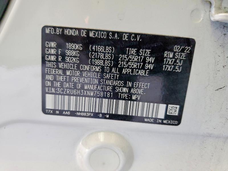 70240086 :رقم المزاد ، 3CZRU6H3XNM758181 vin ، 2022 Honda Hr-v مزاد بيع