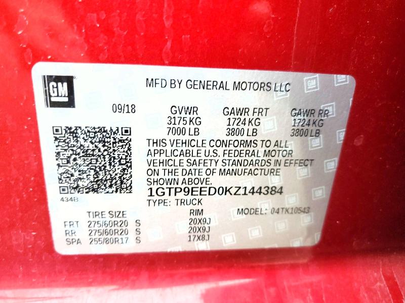 68547326 :رقم المزاد ، 1GTP9EED0KZ144384 vin ، 2019 Gmc Sierra مزاد بيع