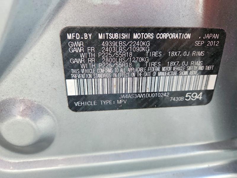 68145656 :رقم المزاد ، JA4AS3AW1DU010242 vin ، 2013 Mitsubishi Outlander مزاد بيع