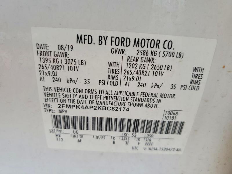 66620986 :رقم المزاد ، 2FMPK4AP2KBC62174 vin ، 2019 Ford Edge مزاد بيع